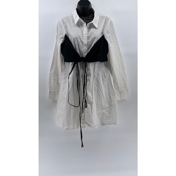 BLASHE Women’s White-Black Tie-Front Button-Up Long Sleeve Shirt Dress SZ L - Picture 1 of 11